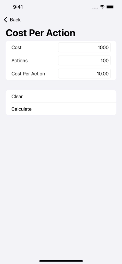 Cost Per Action Calculator, in Media Calculator Screenshot