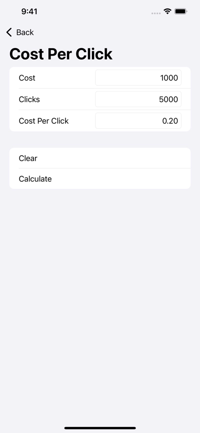 Cost Per Click Calculator, in Media Calculator Screenshot