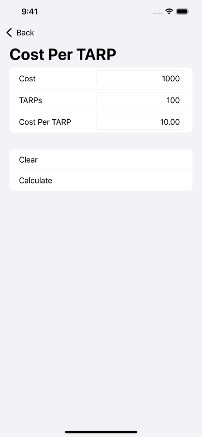 Cost Per TARP Screenshot