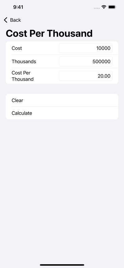 Cost Per Thousand Calculator, in Media Calculator Screenshot